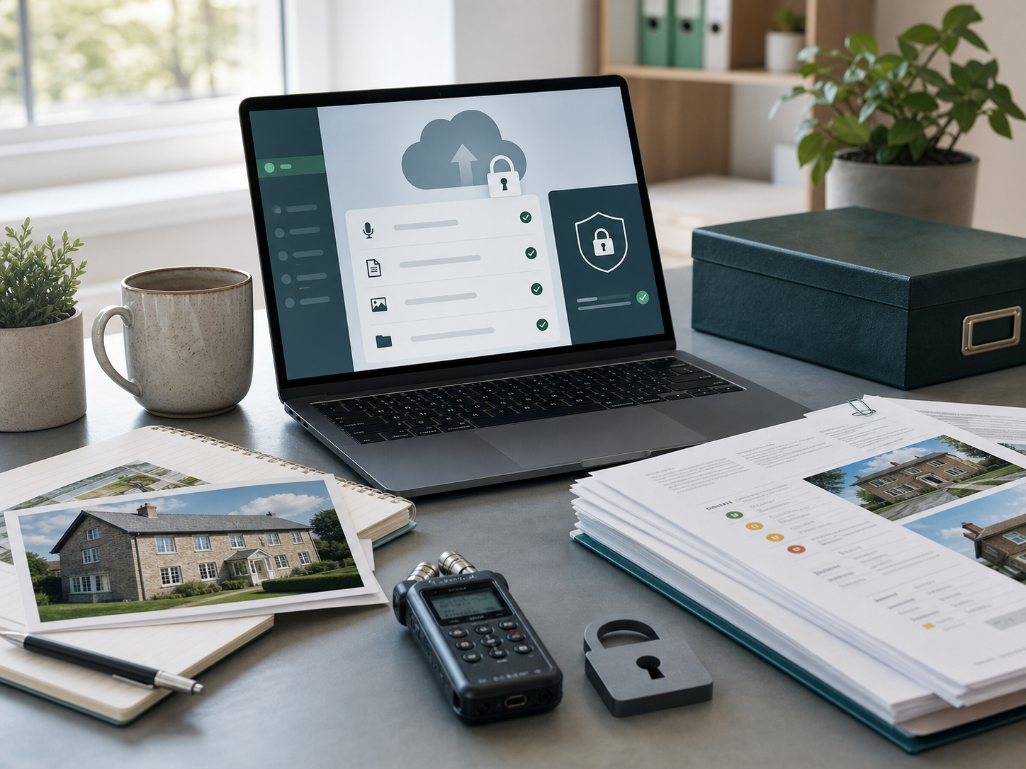 Secure upload workspace with property reports, audio recorder and encrypted upload screen